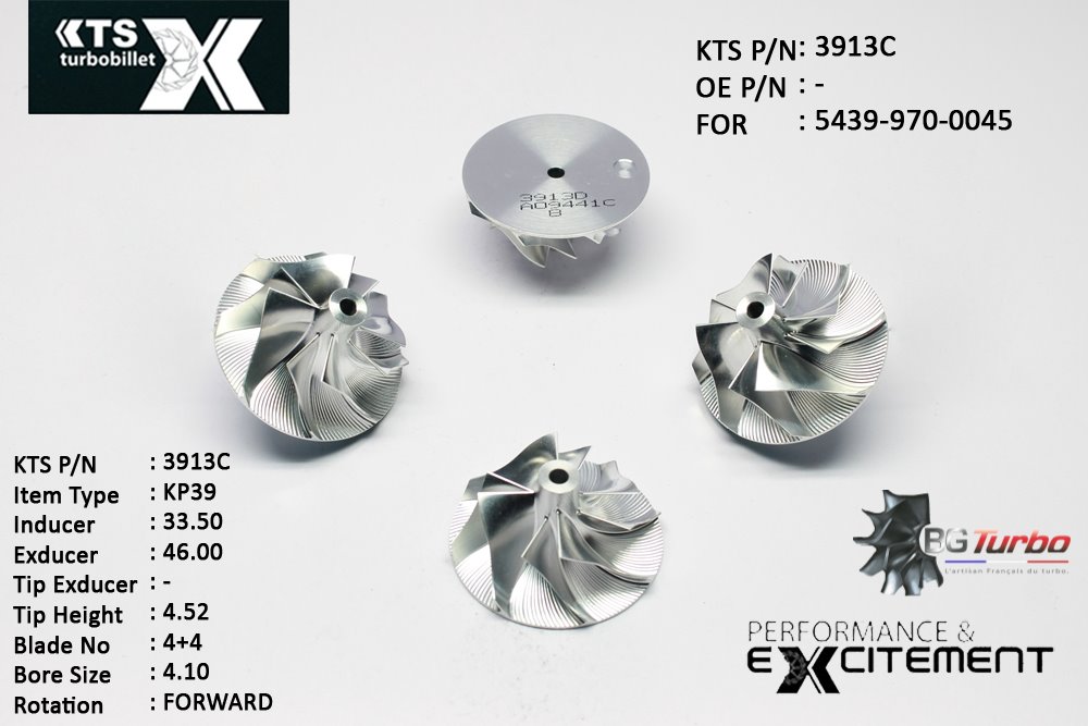 Turbo ROUE FORGÉE MFS PERFORMANCE - 4+4 PALES - INDUCER : 33,5 - EXDUCER : 46 - TYPE : KP39ANGLE : 45° - ROTATION : Forward - SUPER BACK : 0 - BORE SIZE : 4,1
